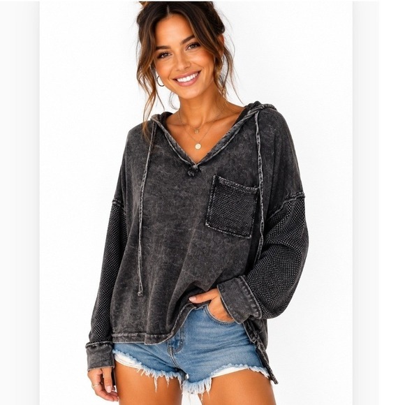 Tops - Main Event Washed Black Hooded Top Women's Small Oversized Boho